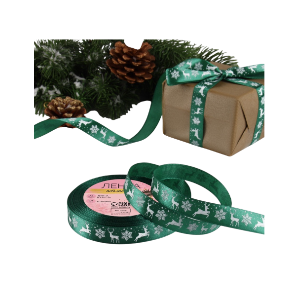 Лента атласная зелёная "Олени" 1,5см х 23м