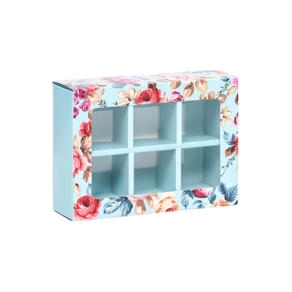 Коробка 6 конфет Пионы (голубая)