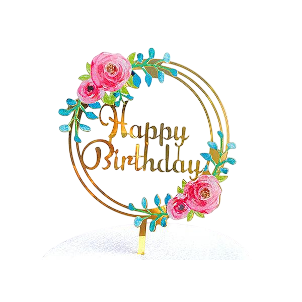 Топпер Золотой Венок с цветами Happy Birthday