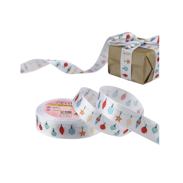 Лента атласная "Новогодние игрушки" 2,5см * 23м