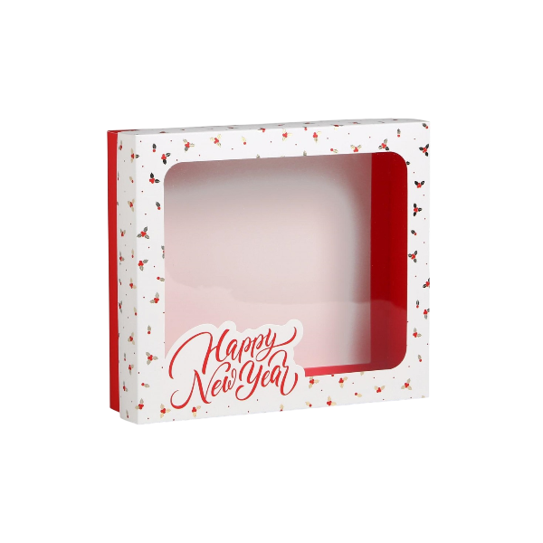 Коробка Happy new year с окном (бело-красная) 23*20*5.5см