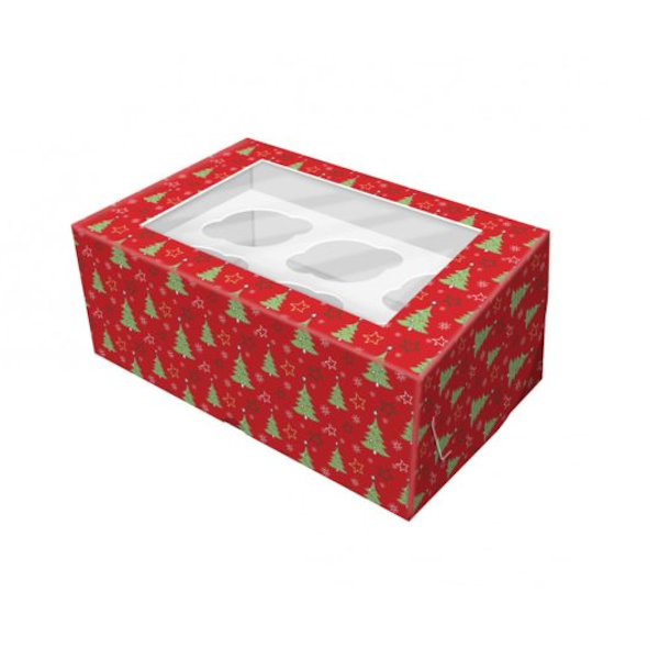 Коробка 6 капкейков Ёлки красные