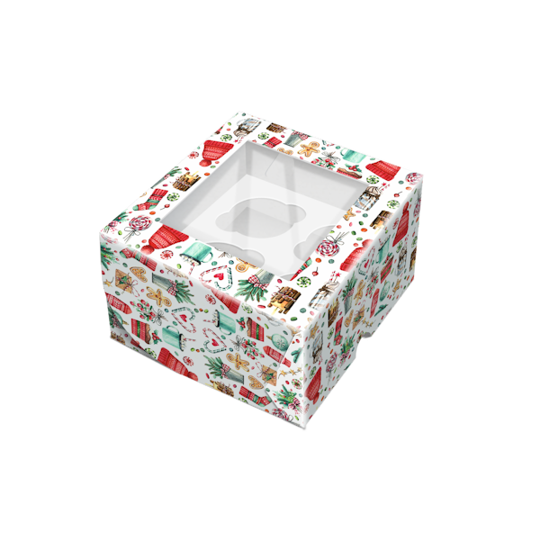 Коробка 4 капкейка Акварель новогодняя