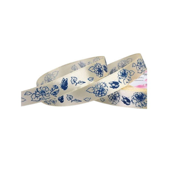 Лента атласная "Пионы синие" 1,5см*23м