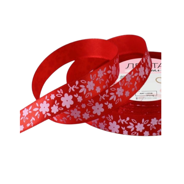 Лента атласная "Красная в цветочки" 1,5см х 23м