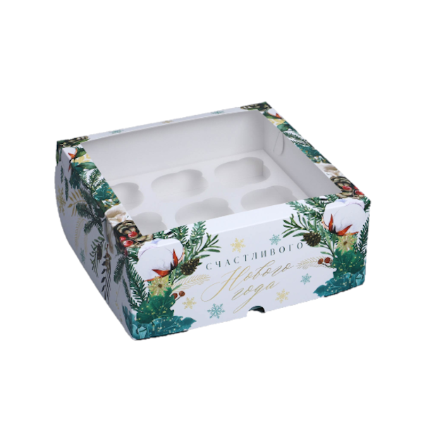 Коробка 9 капкейков Счастливого НГ (хлопок)