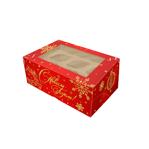 Коробка 6 капкейков С Новым годом! (красная)