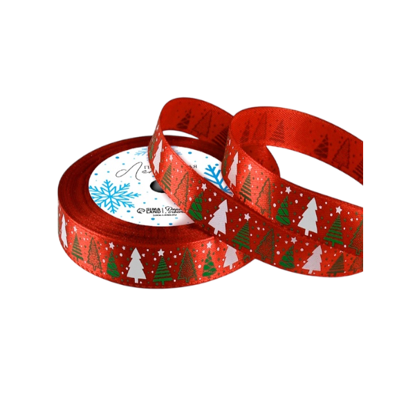 Лента атласная красная "Ёлки" 1,5см х 23м