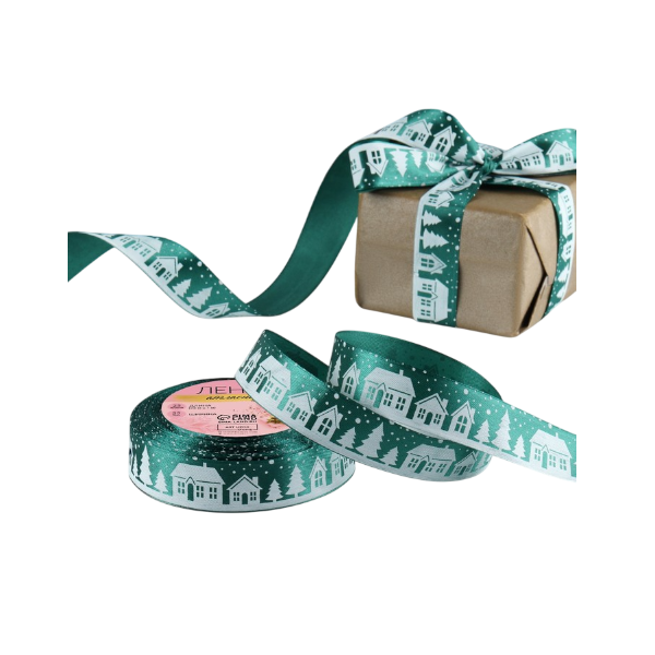 Лента атласная зелёная "Домики" 2,5см х 23м