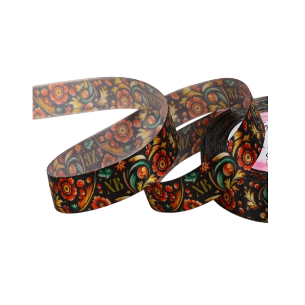 Лента атласная "Хохлома" (чёрная) 1,5см*23м