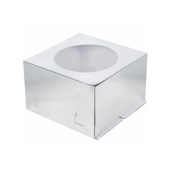 Коробка торт с окном Серебряная 30-30-19 см